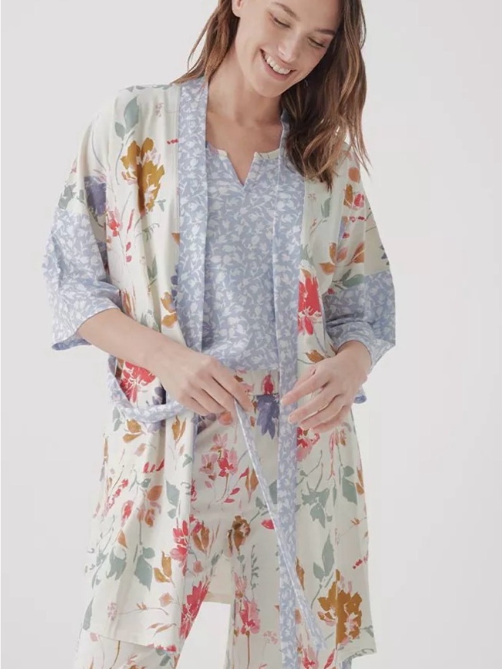 Pact Bright Floral Kimono Robe Cardigan (missing belt)